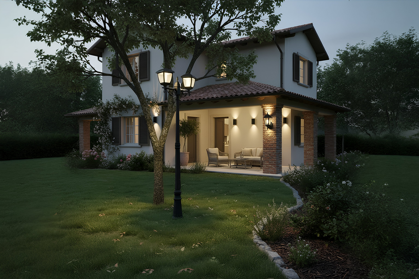 Villa con illuminazione LED da esterno accesa al tramonto