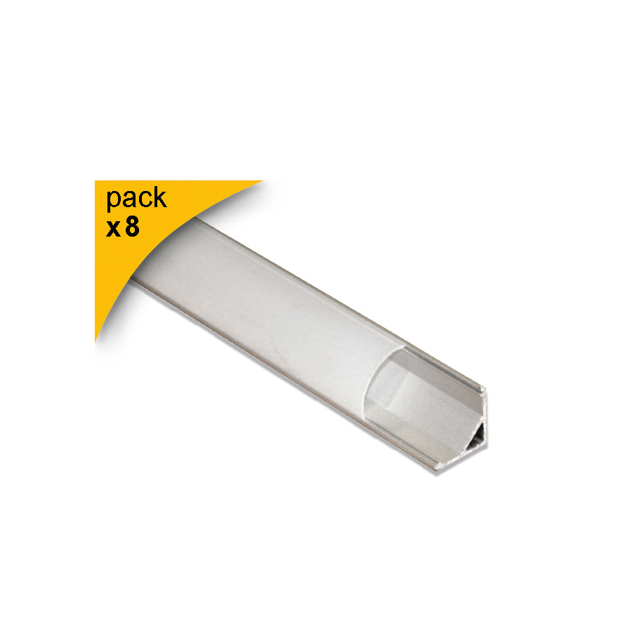 Profilo LED angolare alluminio 2 m con diffusore tappi e clips per strip LED – canalina LED angolo 45° superficie confezione 8 pezzi