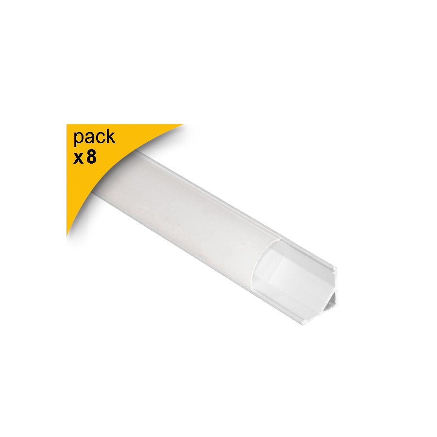 Profilo LED angolare bianco alluminio 2 m con diffusore opale tappi e clips – canalina strip LED angolo 45° confezione 8 pezzi