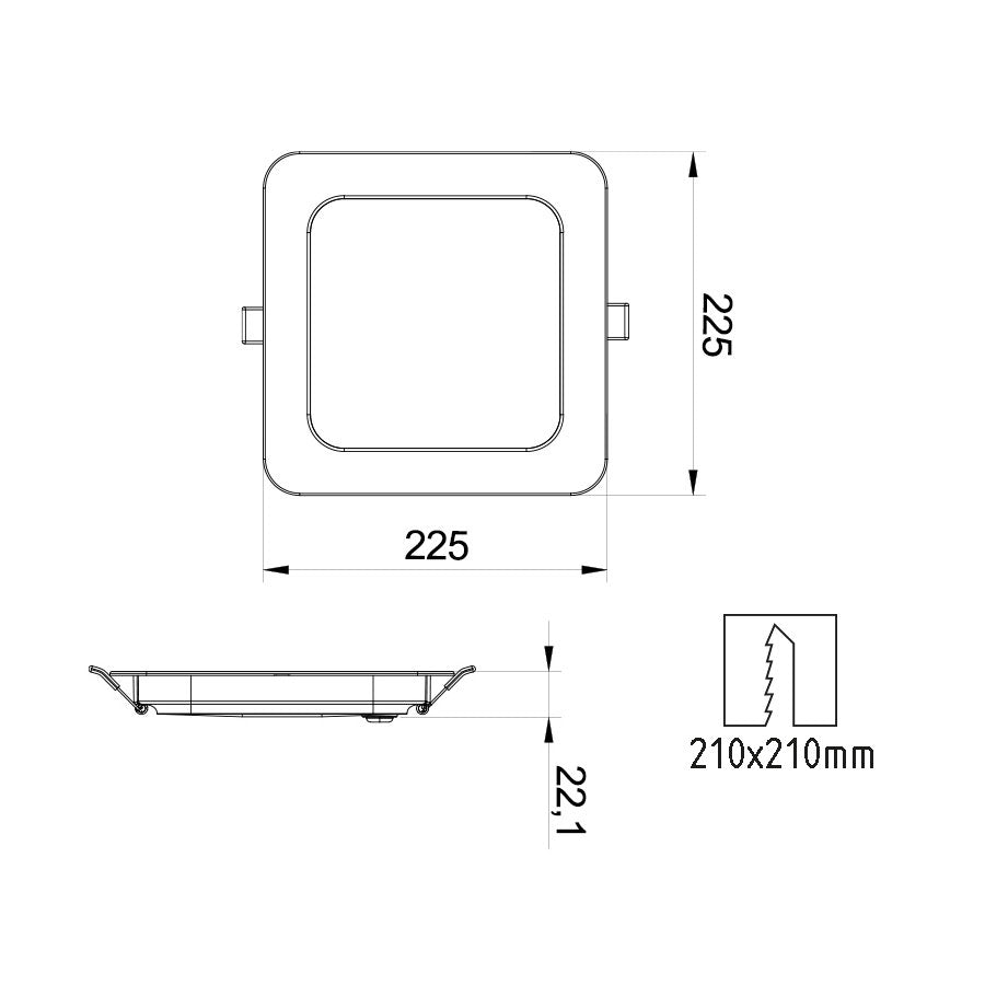 Pannello LED da Incasso Quadrato 225x225 24W 2400 lumen Tricolor – pannello LED slim per cartongesso e controsoffitti