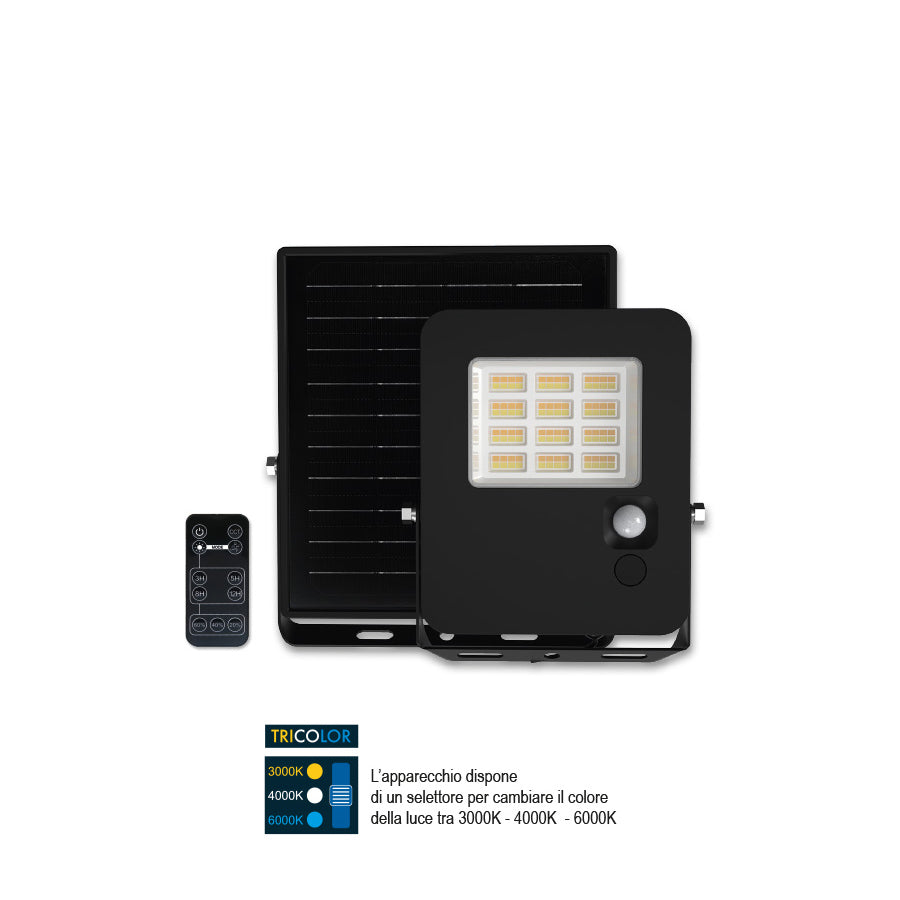 Proiettore solare LED Tricolor 15W con sensore e telecomando