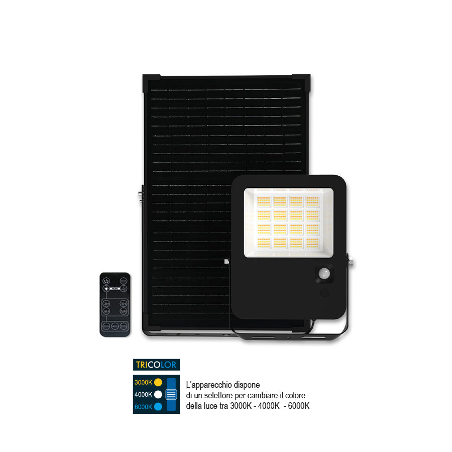 Proiettore LED solare Tricolor 60W (equiv. 600W) con telecomando