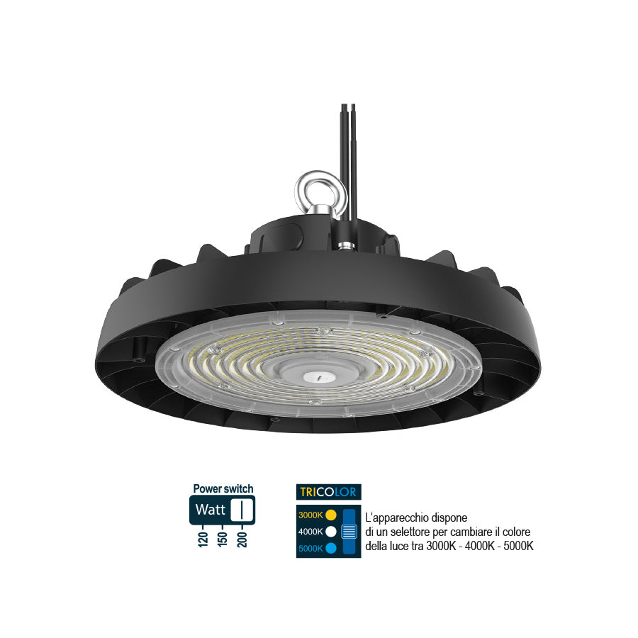 Proiettore LED a sospensione IP65 - 120/150/200W selezionabile - 32000 lumen - Tricolor