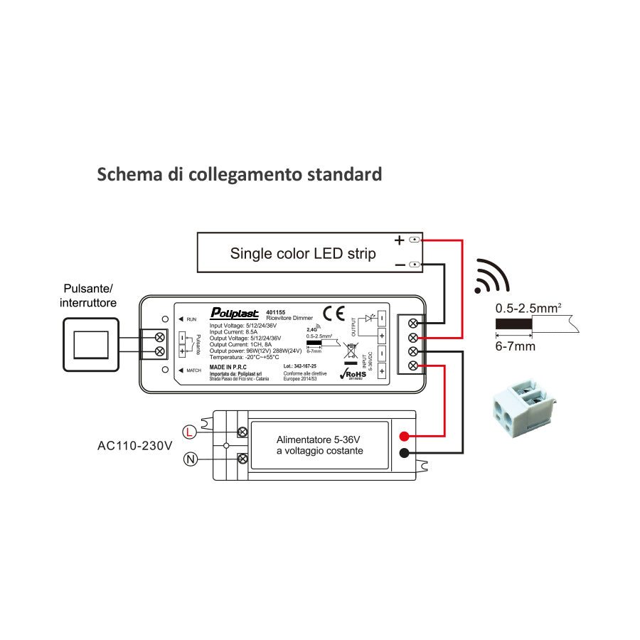 Ricevitore LED Dimmer RF 2,4GHz con pulsante - Monocolore