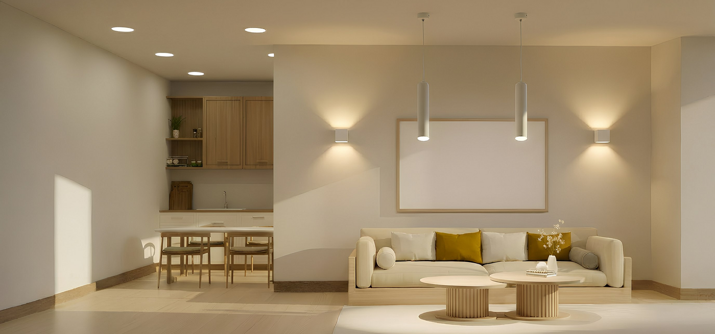 Soggiorno illuminato con faretti da incasso, applique e lampade a sospensione LED